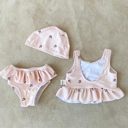 Infant Children Split Swimsuit Baby Swimming Cap New Summer Children Girls Cherry Beach Bikini Swimming Holiday Swimwear Set