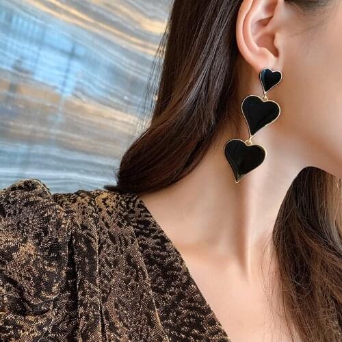 TIMEONLY Retro Black Color Love Heart Long Dangle Earring Korean Fashion Enamel Charms Earrings for Girls Accessories Hyperbole