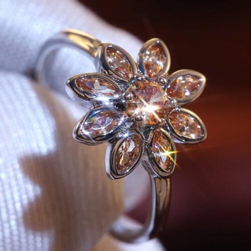 Huitan Pretty Daisy Flower Rings For Girl With Dazzling Champagne Cubic Zircon Stone Romantic Birthday Gift For Women Present