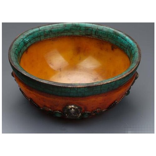 Chinese Tibet Beeswax hand-carved Inlaid Turquoise Guanyin Bowl G160