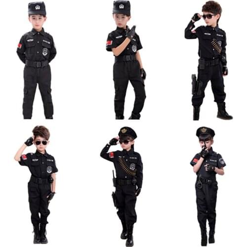 Children Special Force Policemen Cosplay Costumes Halloween Role-play Cop Officer Uniform SWAT Jacket Trousers Set with Cap