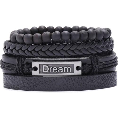Punk Fashion Men Black Bracelet Set Vintage Dream Charm Wide Genuine Leather Wristband Adjustable Wrap Bead Bangle Women Jewelry