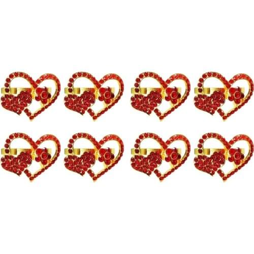Set of 8 Napkin Ring Holder Metal Heart Shaped Napkin Ring for Wedding Table Decor Valentines Day (Gold with Red)