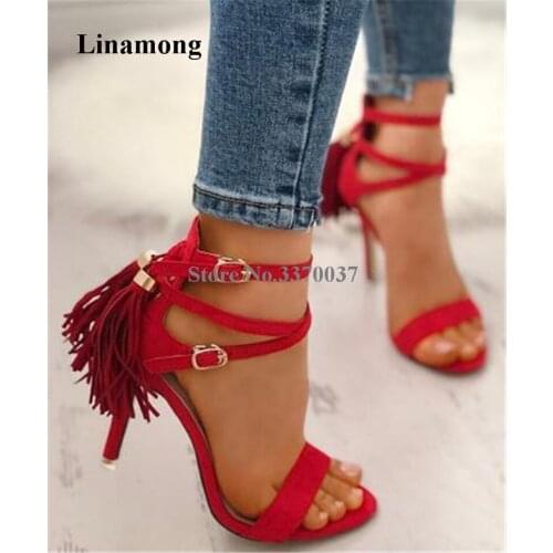 Summer Newest Cut Suede Leather Stiletto Heel Tassels Gladiator Sandals Red Black Back Fringes High Heel Sandals Dress Heels