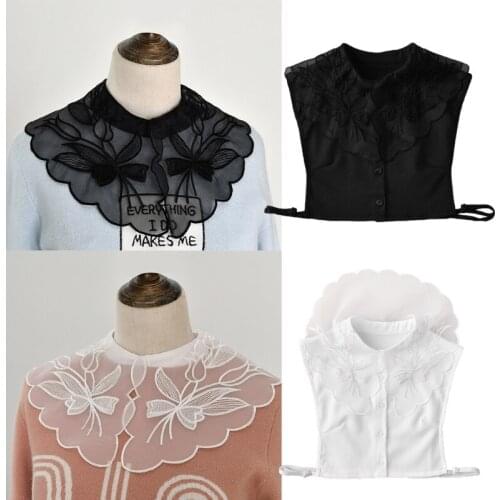 Office Lady Autumn Chiffon Lapel Half Shirt Blouse Elegant Tulip Floral Embroidery Detachable False Fake Collar Button Down Dick