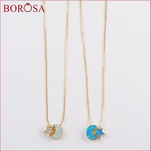 BOROSA 5PCS Crescent & Star Beads Man-made Opal Necklaces Pendants for Women Blue Opal Necklace Jewelry G1573