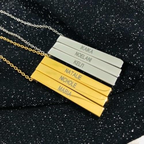 Personalized Custom 3D Bar Name Necklace Pendant Stainless Steel Rose Gold Vertical Bar Engraved Date Letter Initials Necklace