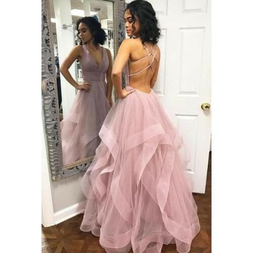VKBRIDAL Womens Long Tulle V-Neck Prom Dresses Maxi A-Line Sexy Back Formal Evening Homecoming Party Gowns