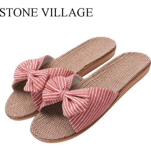 2020 New Eva Stripes Bow home slippers Cotton Indoor Shoes Japanese Style Linen Slippers Slippers Women Flip Flops Shoes Women