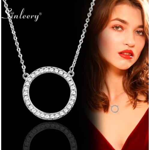 SINLEERY Shiny Paved Tiny Crysral Circle Round Choker Necklaces Pendant Silver Color Chain Jewelry For Women XL089 SSF