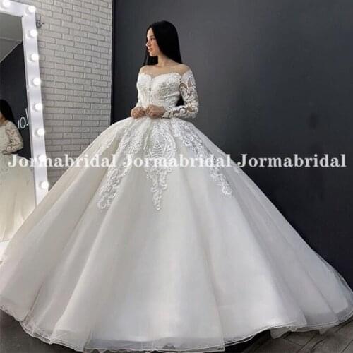 Vintage Appliques Ball Gown Wedding Dresses With Long Sleeves Luxury Arabic Bridal Gowns Lace Up Back Vestido De Noiva Princesa