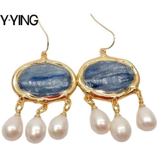 Y·YING Natural Blue Kyanite Freshwater White Rice freshwater Pearl Dangle Hook Earrings gold color plated For Women Girls Gifts