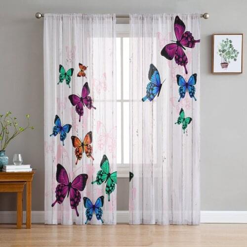 Wood Grain Retro Colorful Butterfly Voile Tulle Sheer Curtains for Bedroom Living Room Kitchen Decor Chiffon Windows Curtain