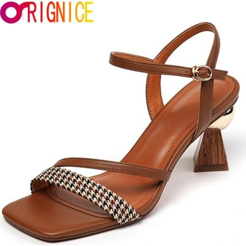Orignice Women Sandals New Summer Casual Houndstooth Fabric Cow Leather Strange Heel Elegant Black Brown Office Lady Shoes