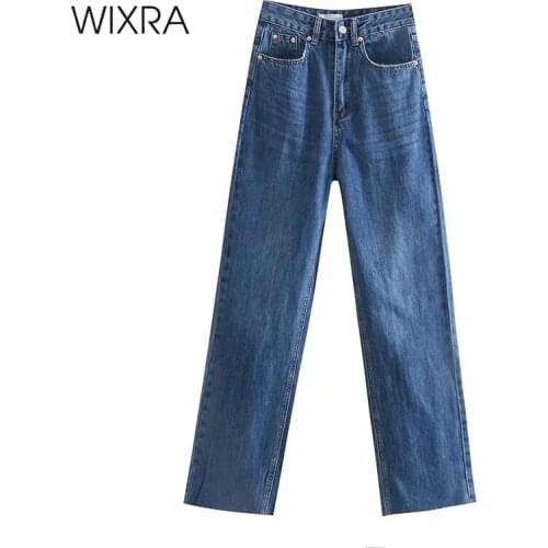 Wixra Womens Pants Straight Jeans High Waist Loose Autumn Spring Casual Washed Mom Blue Trousers For Female
