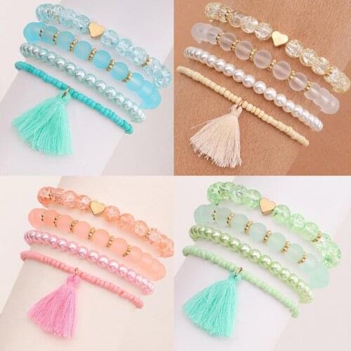 Bohemian Tassel Bracelet for Women Love Heart Gradient Color Elastic Bead Charm Bracelet Girl Cute Boho Accessories
