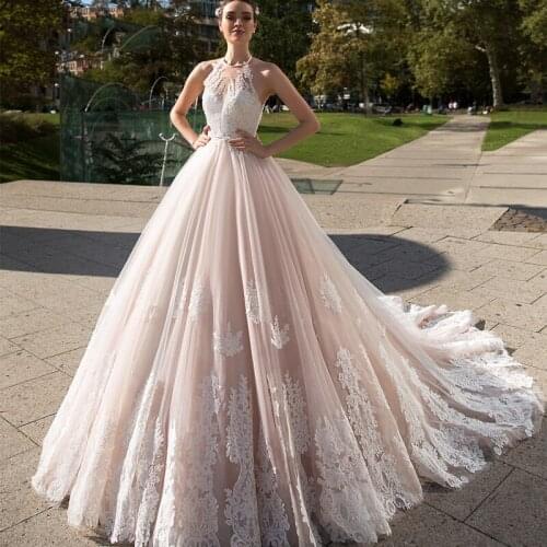 Thinyfull Champagne Halter Wedding Dresses Sleeveless A Line Backless Bride Dresses Tulle Lace Appliques Vestido De Novia 2020