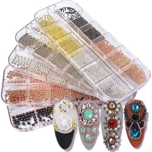 27RC 12 Grids Nail Micro Steel Beads Multicolor Nails Art DIY Embellishment Decor
