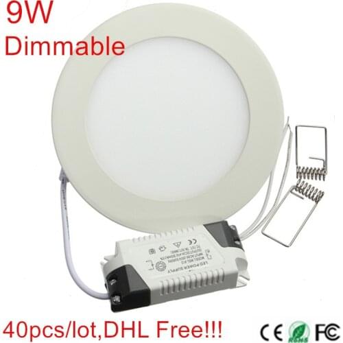 40pcs/lot Dimmable Ultra Bright 9W AC85-265V AC110V 220V LED Ceiling Recessed Grid Downlight Round Panel Light down light