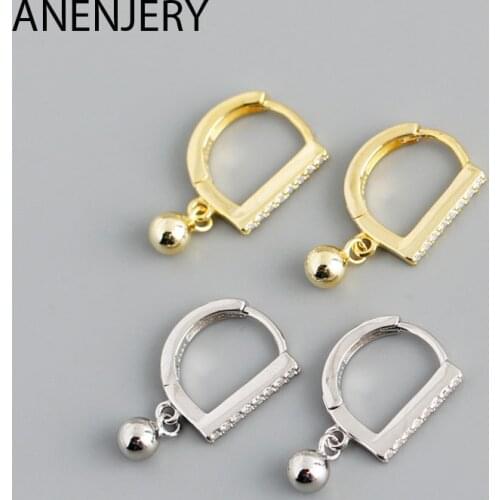 ANENJERY 925 Sterling Silver DD-Shaped Bead Pendant Hoop Earrings For Women Inlaid Zircon Earrings Simple Cute Ornaments