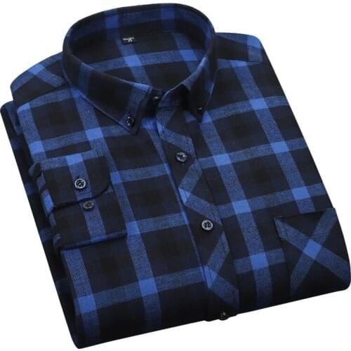 Aoliwen Brand 2021 Men Fashion Plaid Striped Shirt Single Patch Pocket Long Sleeve Standard-fit Comfortable Casual Gingham Shirt