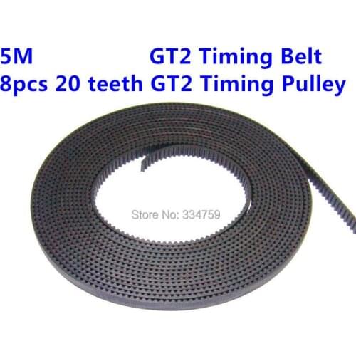 Free Shipping 3d printer parts : 8pcs 20 teeth GT2 Timing Pulley + 5M GT2 timing Belt for Rostock Mendel Reprap
