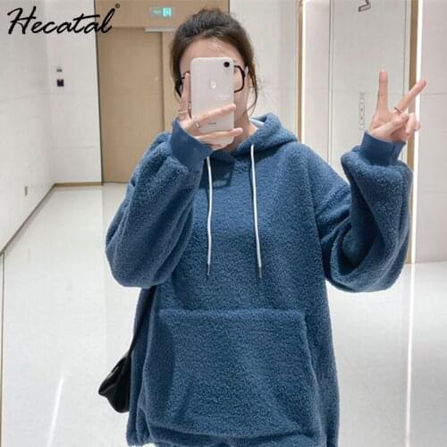 Heeatal Hoodies Loose Long Sleeve Sweatshirt Warm Coat Velvet Women Hoody Solid Blue Pullover Casual Tops Moletom Ropa De Mujer