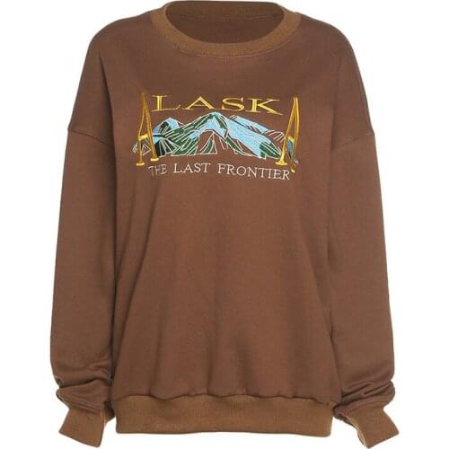 Indie Aesthetics Letter Embroidery Crewneck Brown Winter Tops Y2K Fashion Oversize Long Sleeve Sweatshirts Egirl Outfit Vintage