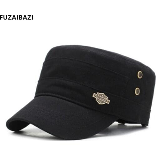 FUZAIBAZI Fashion Summer New Trend Cotton Wild Solid Military Hats Adjustable Size Mens Leisure Riding Mountaineering Visor Hat