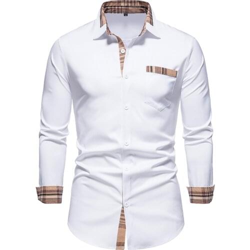 PARKLEES Mens Slim Fit Business Pocket Shirts Casual Long Sleeve Plaid Patchwork Shirts for Men Fashion Button Up Dress Shirts