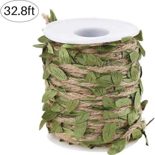 Natural Jute Twine Creative Burlap Leaf Ribbon with Artificial Green Leaves for Art and Crafting Home Party Decoration