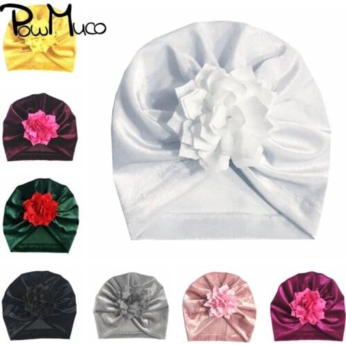 Powmuco 17*16.5 CM Soft Gold Velvet Newborn Hats Handmade Lotus Flower Infant Caps Baby Girls Headwear Kids Clothing Ornaments