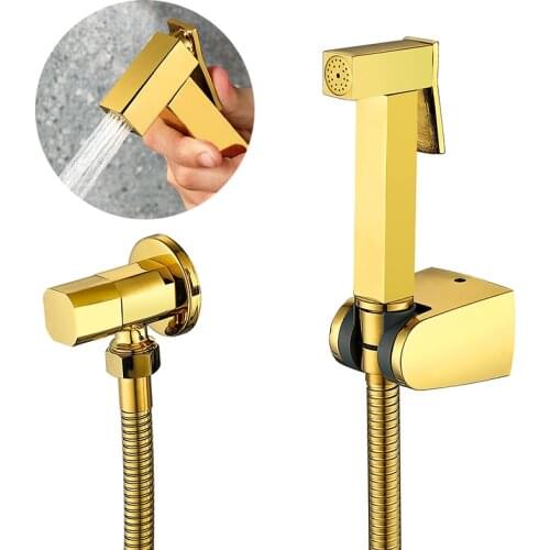 Hand Held Bidet Sprayer Douche Toilet Kit Shiny Gold Brass Square Shattaf Shower Head Copper Valve Set Jet Bidet Faucet