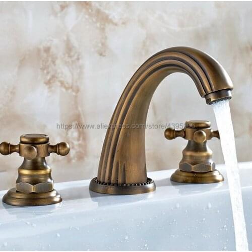Basin Faucets Antique Brass Deck Mounted Bathroom Sink Faucets Double Handle 3 Hole Hot And Cold Water Tap Bnf199