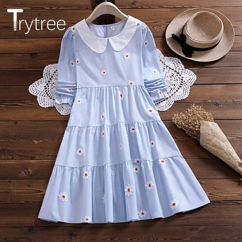 Trytree 2020 Spring Autumn Casual Womens Dress Peter Pan Collar Cotton Blend Ruffles Hem A-line Daisy Flowers Sweet Shirt Dress
