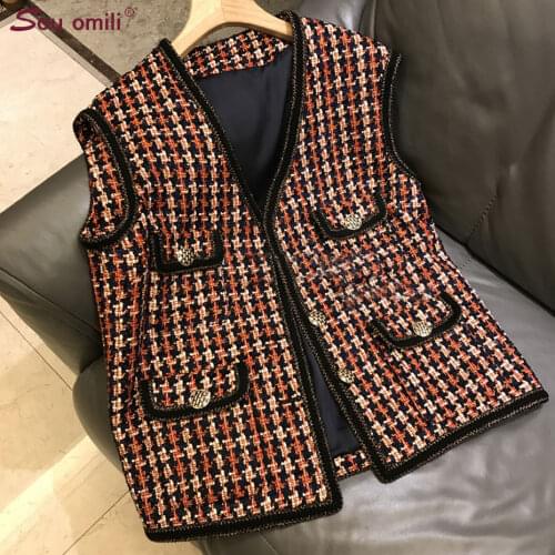 Checkered Tweed Casual Plaid Jacket Outerwear Vest Women Ladies Tatical Pocket Vest Waistcoat