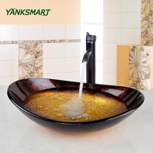 YANKSMART FA Bathroom Round Tempered Glass Oval Wash Basin W/ORB brushed Faucet Sink Combo Set + Chrome Pop Up Sink Drain