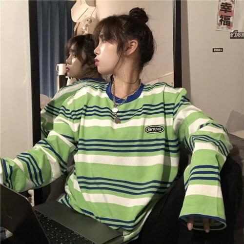 Korean Clothes Color Matching Green Striped Couple Long-Sleeved T-Shirt Vintage Punk Gothic Top Female High Street Base Coat Y2k