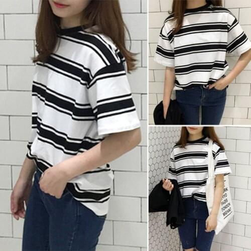 Women Striped Short Sleeve Round Collar T-shirt Top Tee Casual Clothes for Summer -OPK