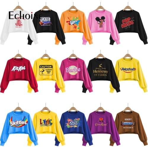 Echoine Women Short Hoodies Jumper Warm Sweatshirts Female Pink Cropped Top Fall winter Candy pattern Loose Pullover clothes