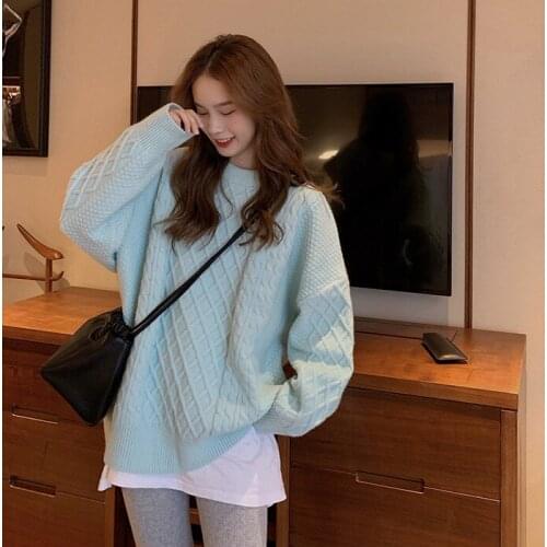 2020 New Autumn Winter Simple Pullover Sweater Women Oversized Lazy Wind Rhombus Pattern Outer Wear O Neck Knitted Tops Fashion