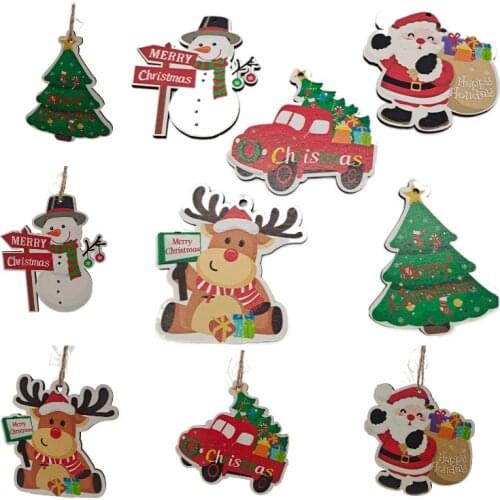 10Pcs/Set Christmas Wooden Ornaments Elk Snowman Wood Chips Pendants Christmas Party Decoration Home Door Hanging Signs Kids Toy