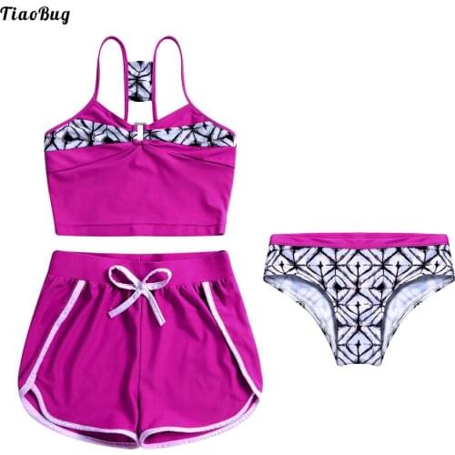 TiaoBug 3Pcs Kids Girls Swimwear V Neck Straps Sleeveless Cropped Tops With Shorts And Briefs Set Beach Bikini Bathing Swimwear