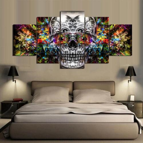 Canvas Pictures Home Decor 5 Pieces Colorful Evil Vibrant Skull Paintings Modular HD Prints Abstract Poster Wall Art Framework