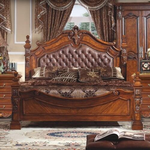 American Leather Bed Master Bedroom Wedding Bed 1.8 Meters Retro Leather Bed European Solid Wood Double Bed Bedroom Furniture