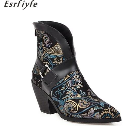 ESRFIYFE 2020 New Women Chelsea Boots Embroider Ethnic Winter Ankle Boots Back Zip Pointed Toe High Heels Shoes Warm Short Boots