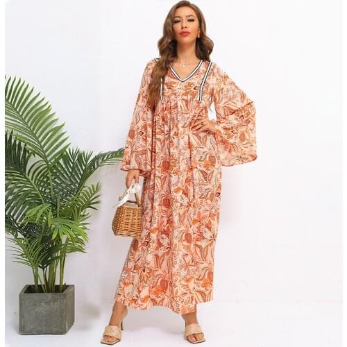 Fridayin Women Long Sleeve Maxi Dresses Bohemia V-Neck Floral Print Summer Beach Female Stylish Dress