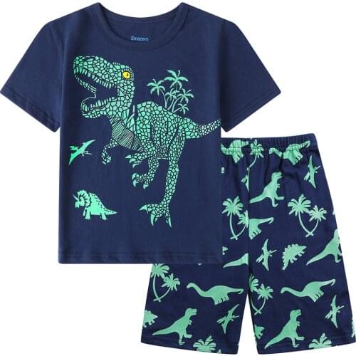 Boys Short Pyjamas Set Glow in The Dark Dinosaur Pjs Kids Pajama Cotton Sleepwear Dino Nightwear Tops & Pants Outfit Age 3-8T