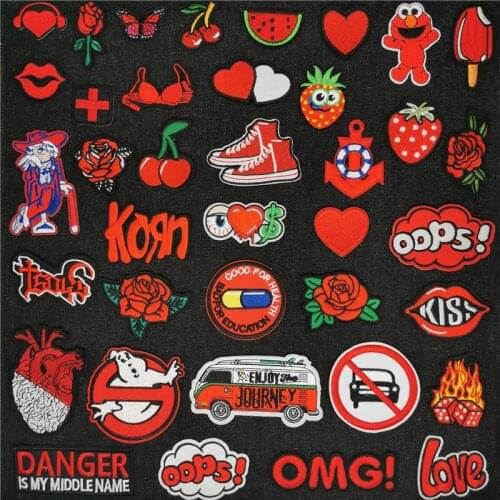 Red Embroidery Patch for clothing Rock band Ironing Stickers Cartoon Car Applique Fruit Iron-on transfers Patches Punk Badges