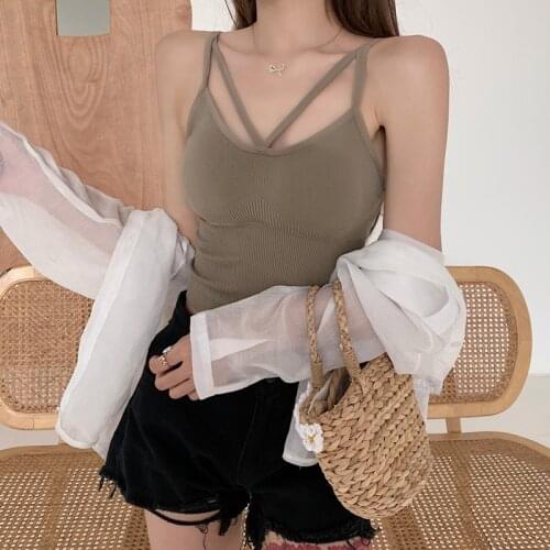 Women Cross Strap Tank Tops V-Neck Cami Tops Ladies Sexy Tee Fashion Vest Summer Camisole Sleeveless blusas Removable Chest Pad